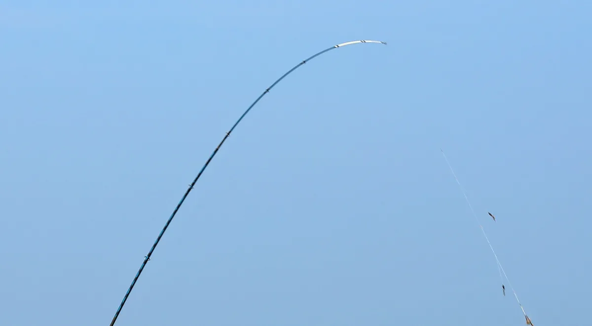 The upper half of a long fishing rod against a clear sky, curved into a deep arc during a cast, with the line and rig trailing to the right.