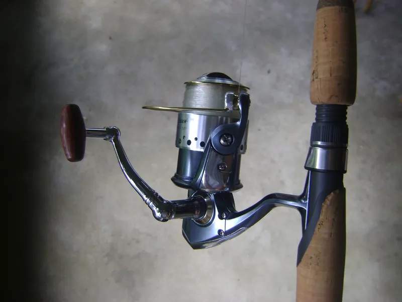 A spinning reel attached to a vertically positioned rod: its line-filled spool, bail wire and handle are visible beside the cork grip.