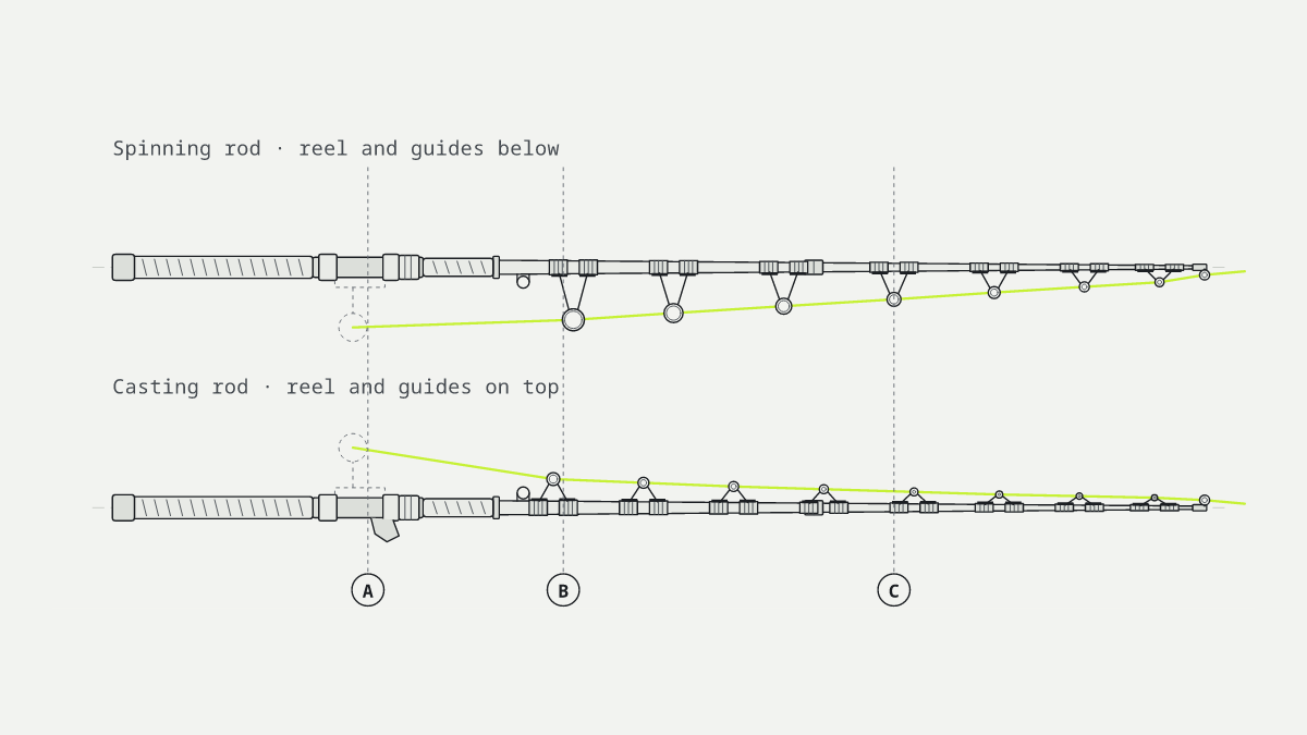 Diagram of a spinning rod above a casting rod at the same scale: the spinning rod’s reel and larger guides hang below the blank; the casting rod’s reel and smaller guides sit on top, with a trigger under the seat.